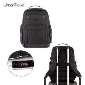 Morral con Puerto USB para cargar desde el interior (no incluye la pila). Bolsillo escondido en el espaldar con cremallera